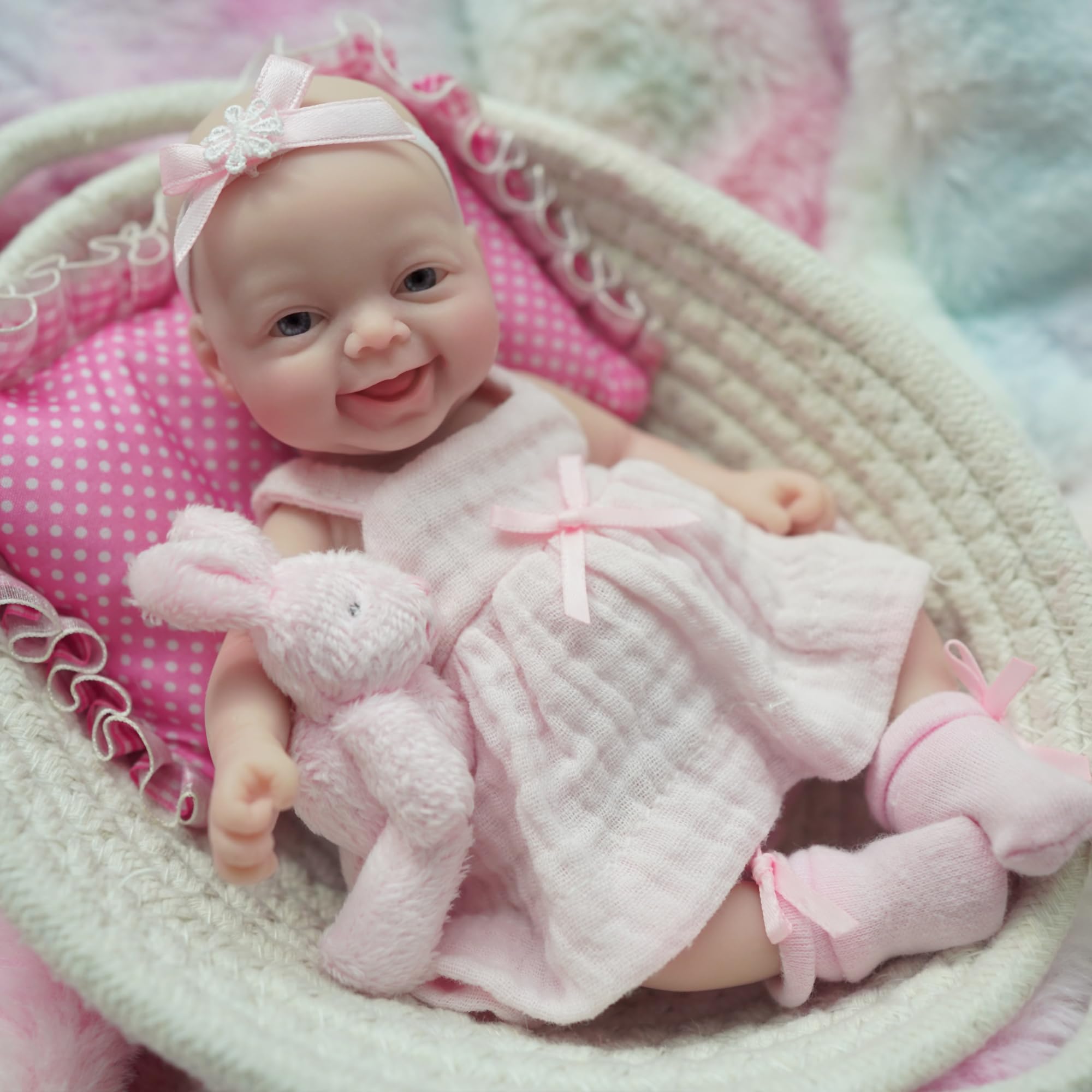 7인치 미니어처 실리콘 풀바디 리본 인형, 핑크 드레스 - Reborn Baby Doll Silicone Realistic 리뷰 및 가격